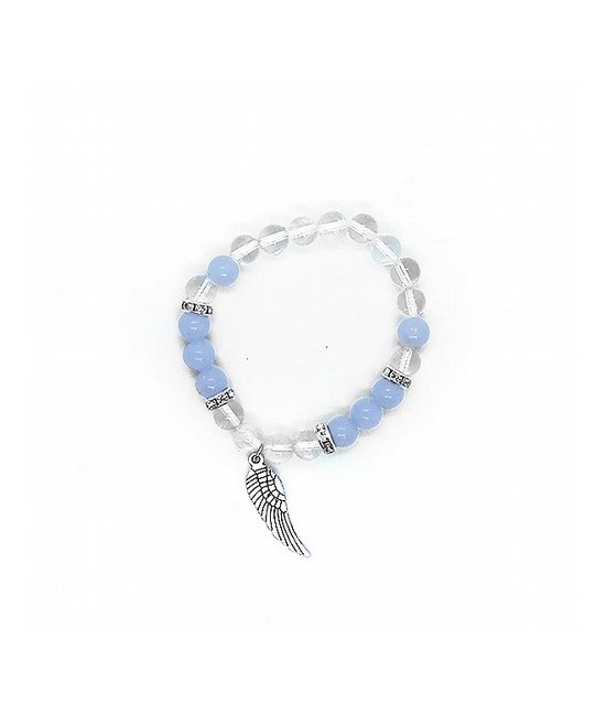 Pulsera Angelita y Cristal de Roca en bola de 8 mm. con amuleto colgante ala de ángel.