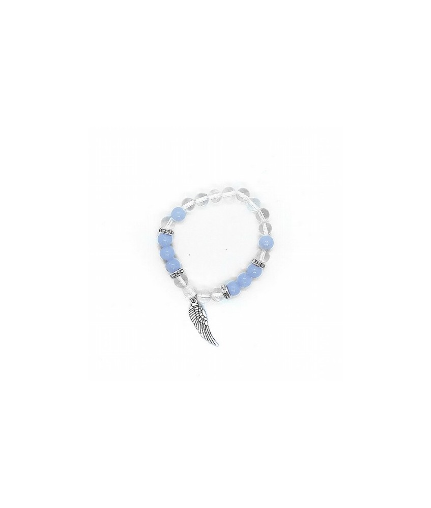 Pulsera Angelita y Cristal de Roca en bola de 8 mm. con amuleto colgante ala de ángel.