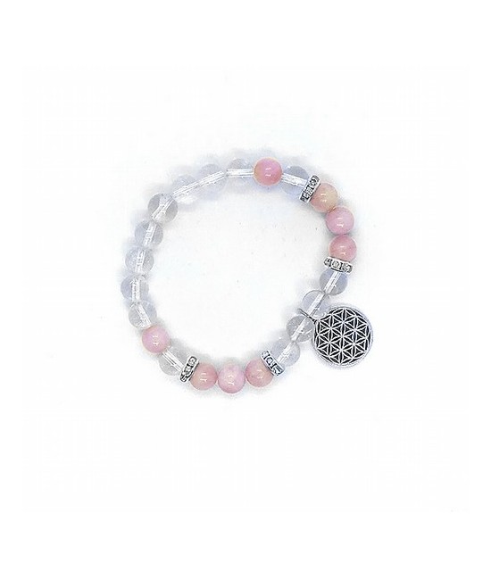 Pulsera de kuncita y cristal de roca en bola de 8 mm. con amuleto colgante flor de la vida y detalles de circonitas.
