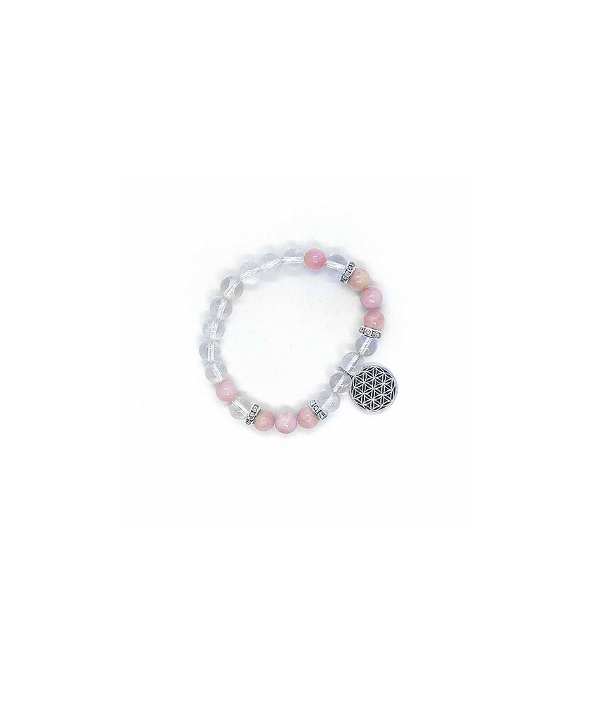Pulsera de kuncita y cristal de roca en bola de 8 mm. con amuleto colgante flor de la vida y detalles de circonitas.
