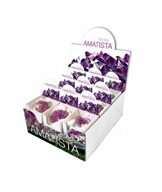 Contiene 18 Drusas de Amatista, presentadas individualmente en pequeñas cajas expositoras de 6.5x7.5 cm.

Se puede adquirir i