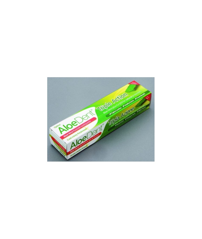 La fórmula Triple acción, suaviza, protege y blanquea los dientes. El Aloe Vera, gel natural , el Co-Q-10 y el Escín para encia
