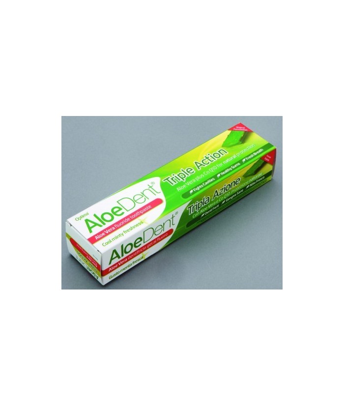 La fórmula Triple acción, suaviza, protege y blanquea los dientes. El Aloe Vera, gel natural , el Co-Q-10 y el Escín para encia