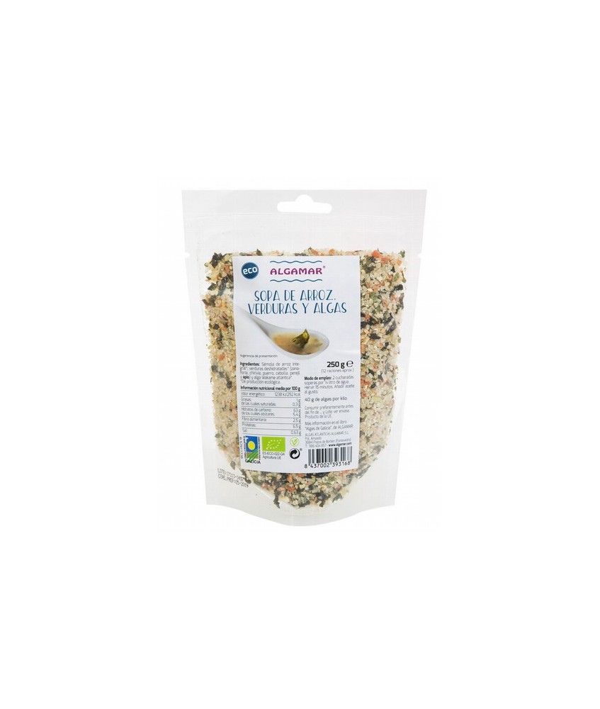 Sopa de arroz, verduras y algas  250g / 500g
Contiene 40g de algas por Kilo

Sémola de arroz integral, verduras deshidratad
