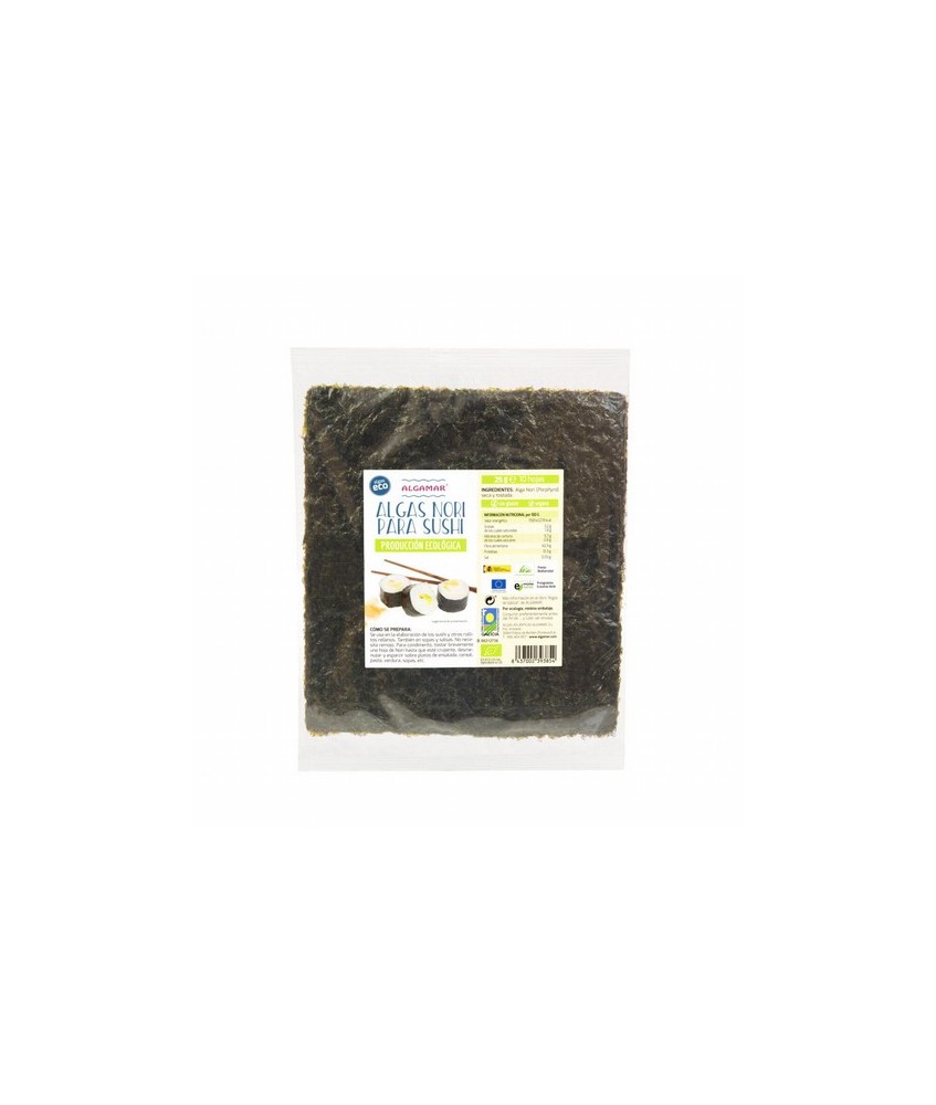 ALGA NORI PARA SUSHI BIO 25 G ALGAMAR 
*con certificación ecológica 
(Porphyra )
Es un alga de pequeño tamaño y muchos plieg