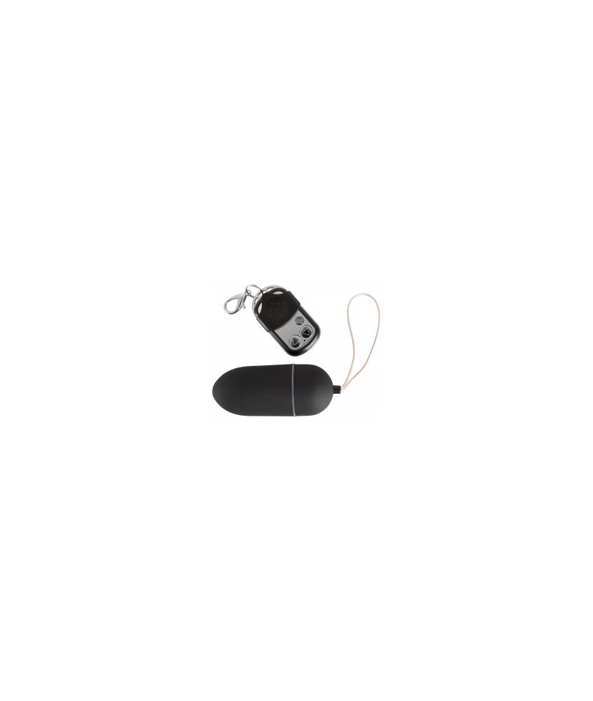Huevo vibro negro con mando a distancia inalámbrico. 10 ritmos vibrantes. 10 cm de bucle de recuperación. 8 cm de longitud, Ø 3