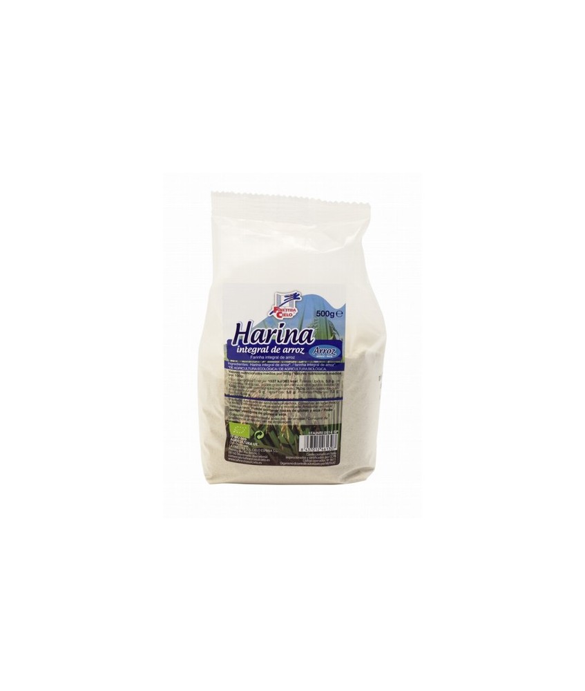 Harina integral de arroz elaborada en atmósfera protegida para asegurar su conservación. Procedente de agricultura ecológica, e