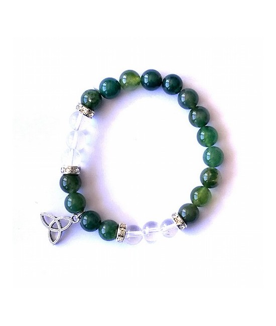 Pulsera de ágata musgo y cristal de roca en bola de 8 mm. con amuleto colgante de triqueta y detalles de circonitas.