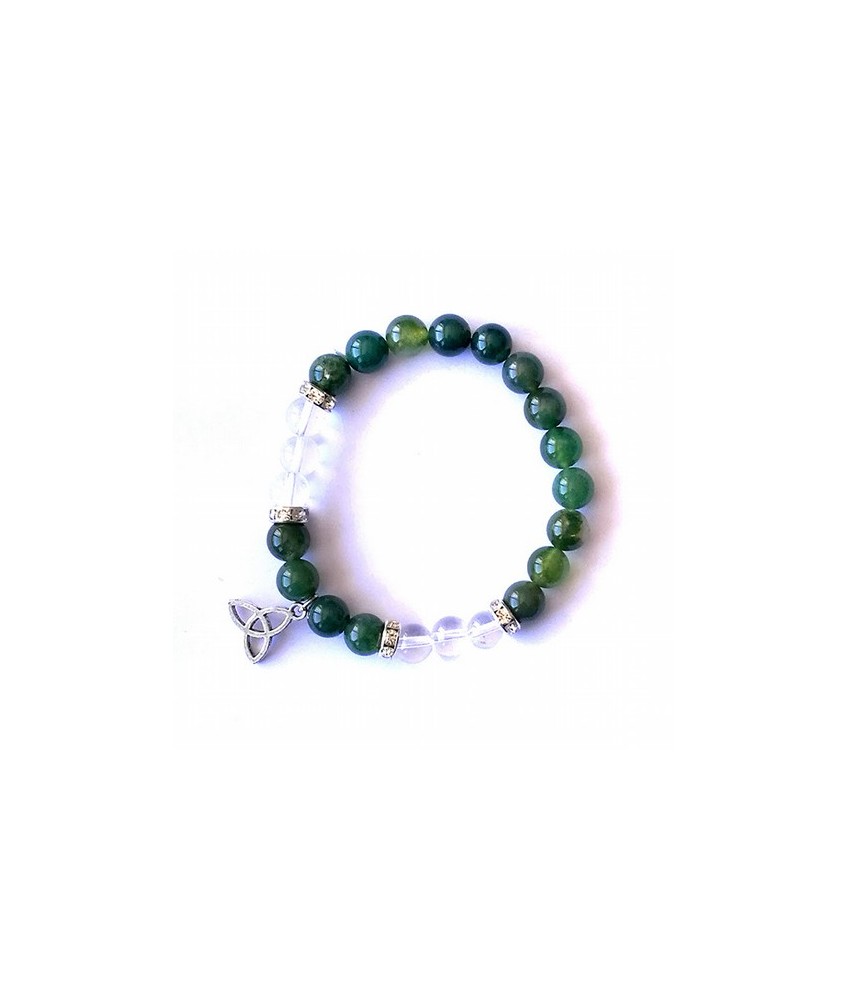 Pulsera de ágata musgo y cristal de roca en bola de 8 mm. con amuleto colgante de triqueta y detalles de circonitas.