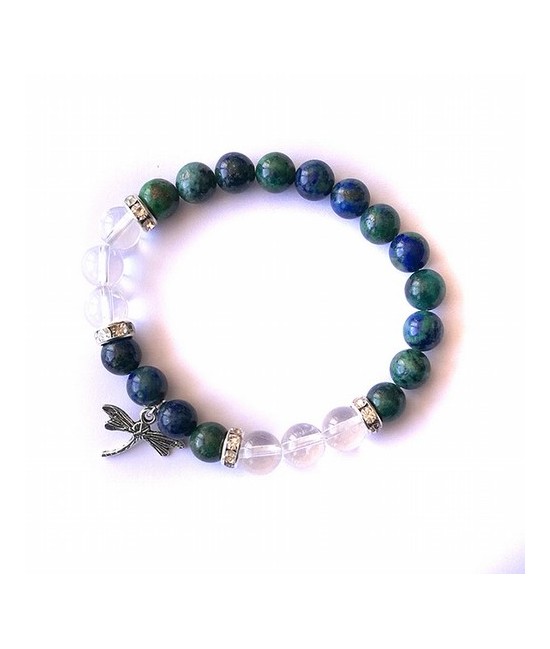 Pulsera de crisocola y cristal de roca rutilo en bola de 8 mm. con amuleto colgante de libélula y detalles de circonitas.