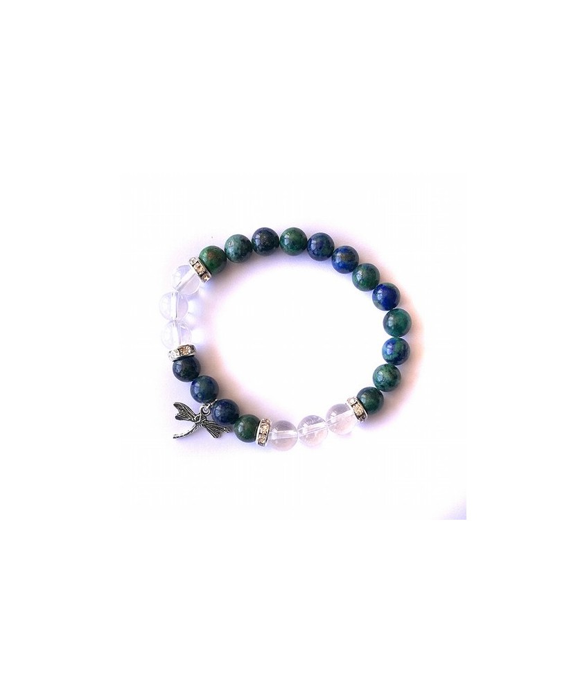 Pulsera de crisocola y cristal de roca rutilo en bola de 8 mm. con amuleto colgante de libélula y detalles de circonitas.