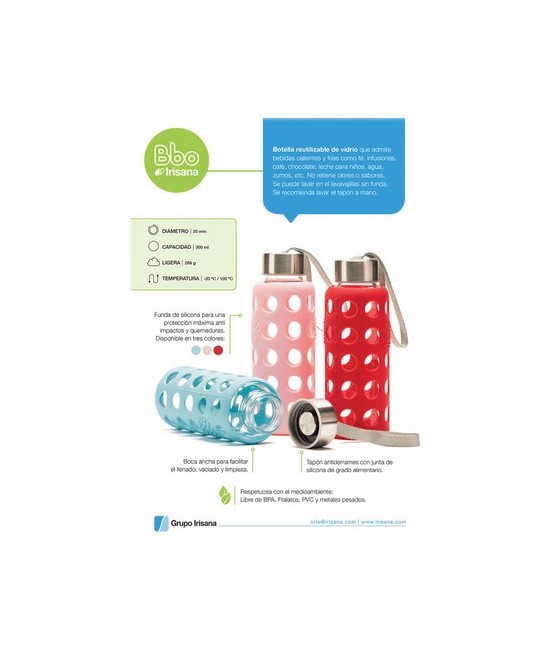 Descripción:
Botella reutilizable Bbo Irisana de Borosilicato con funda de Silicona.

Botella realizada de vidrio de borosil