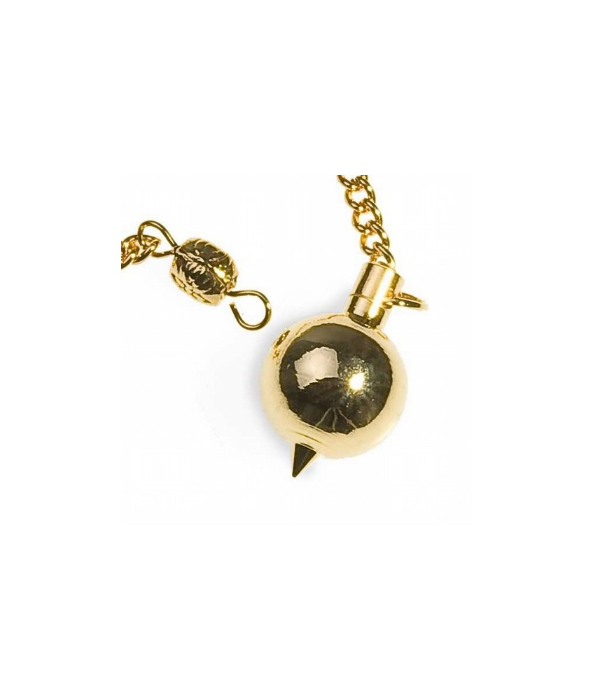 Péndulo de acero dorado forma esfera de 18 mm mm de diametro
Cadena de 200 mm.
Presentado en estuche de cartón que contienes 