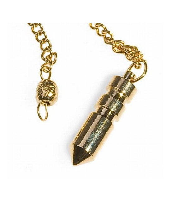 Péndulo metálico dorado forma bala. Engarzado con cadena de acero de aproximadamente 200 mm. de largo Medidas:aprox. 50 mm.
Pr