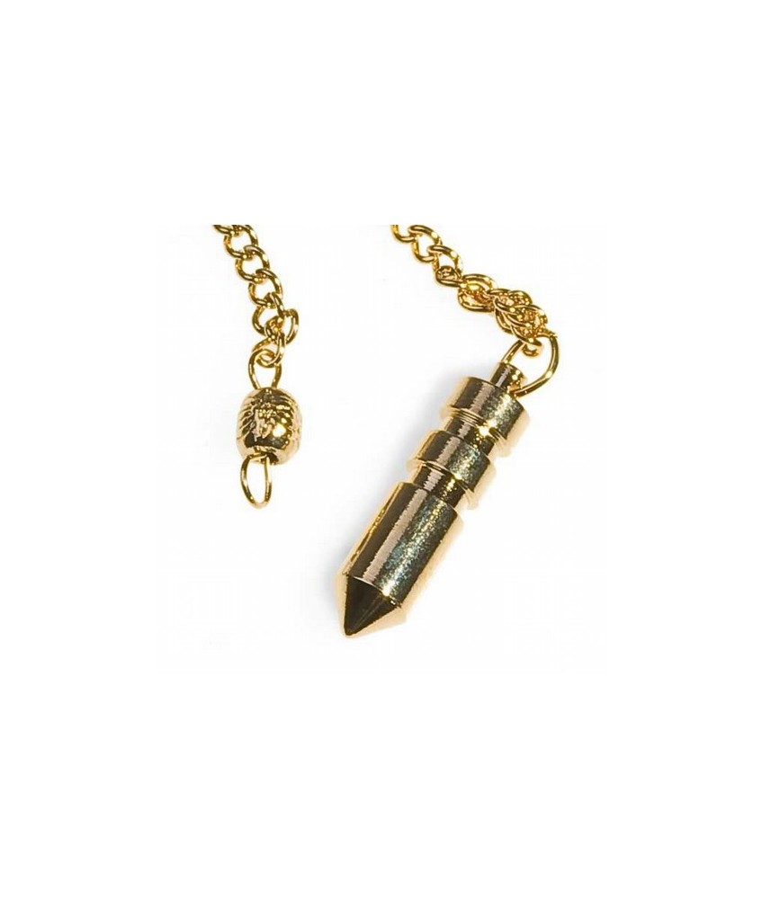 Péndulo metálico dorado forma bala. Engarzado con cadena de acero de aproximadamente 200 mm. de largo Medidas:aprox. 50 mm.
Pr