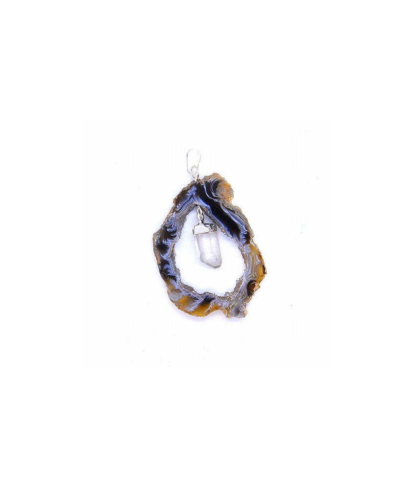 Colgante Geoda de Ágata con Punta de Cristal de Roca.

Engarce plateado.

Medida aprox.: 3,5 cm.