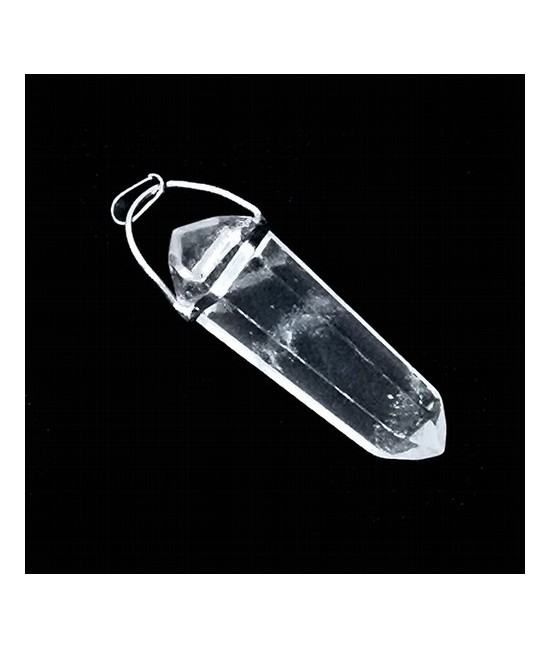 Colgante basculante en punta biterminada de Cristal de Roca. 

Medida: 3cm x 1cm apróximadamente.

Metal: Rodio