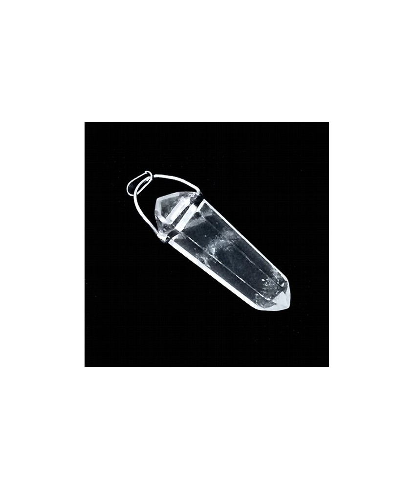 Colgante basculante en punta biterminada de Cristal de Roca. 

Medida: 3cm x 1cm apróximadamente.

Metal: Rodio