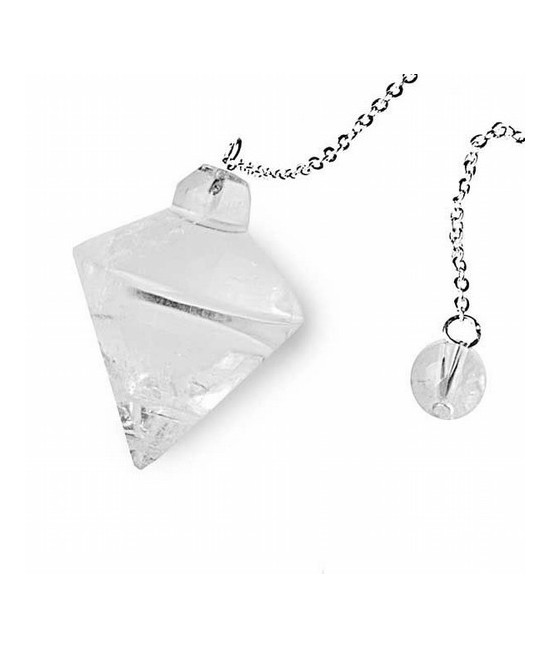 Péndulo Cristal de Roca forma cónica.
Engarzado con cadena de acero de aproximadamente 200 mm. de largo
Medidas:aprox. 35 a 4