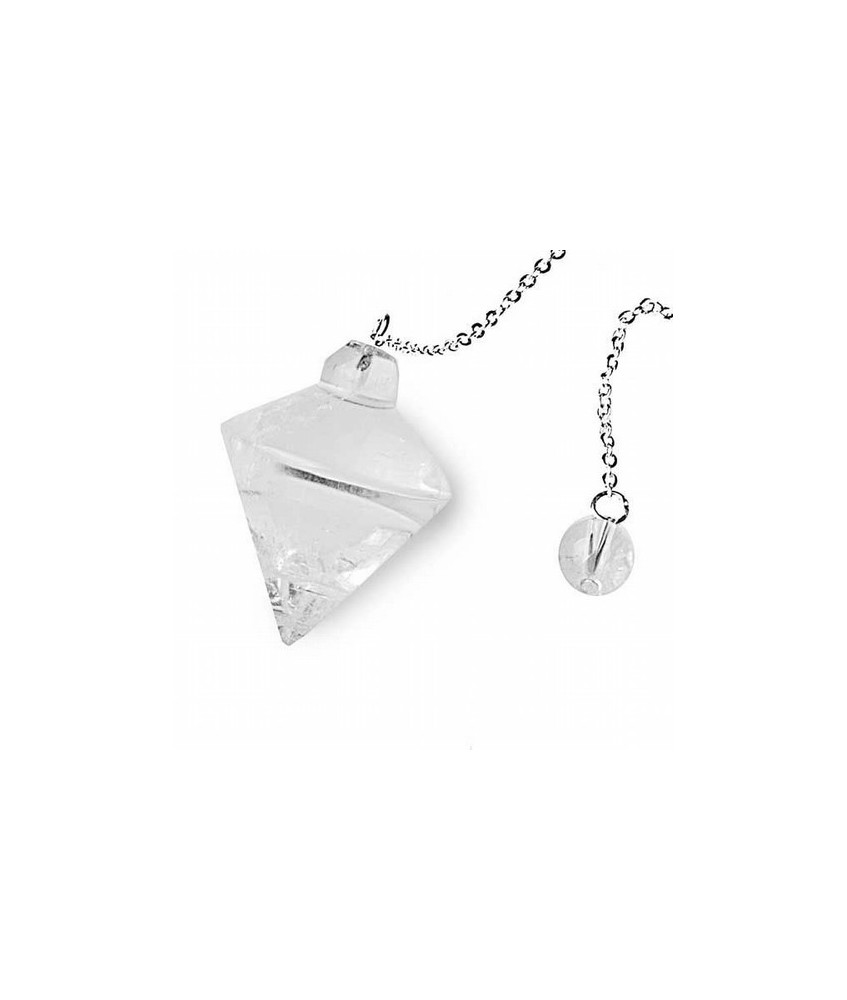 Péndulo Cristal de Roca forma cónica.
Engarzado con cadena de acero de aproximadamente 200 mm. de largo
Medidas:aprox. 35 a 4