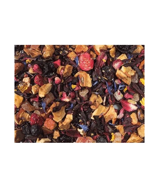 flor de hibisco, trozos de manzana, cubitos de papaya (papaya, azúcar), pasa de corinto, saúcos, grosella negra, aroma, trocito