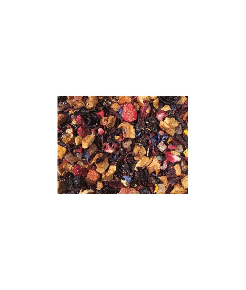 flor de hibisco, trozos de manzana, cubitos de papaya (papaya, azúcar), pasa de corinto, saúcos, grosella negra, aroma, trocito