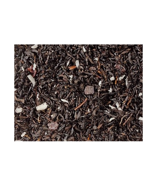 Té negro (91%), rayadura de cacao, rayadura de coco, plaquitas de chocolate (ázucar, grano de cacao molido con manteca de cacao
