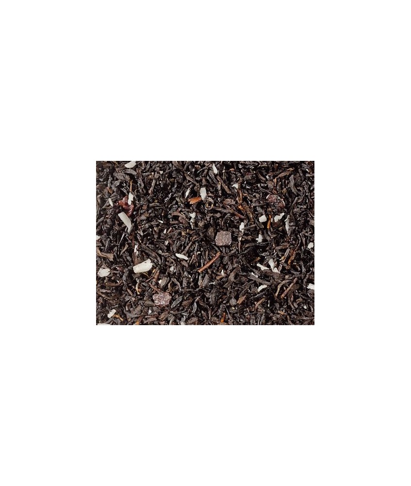 Té negro (91%), rayadura de cacao, rayadura de coco, plaquitas de chocolate (ázucar, grano de cacao molido con manteca de cacao