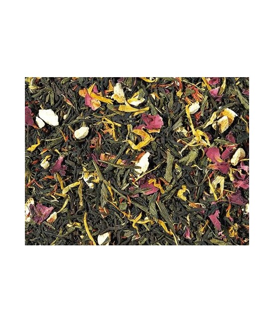 Té negro (55%), Té verde (30 %), cáscara de naranja, aroma, flor de rosas, cártamo, hojas de calendula