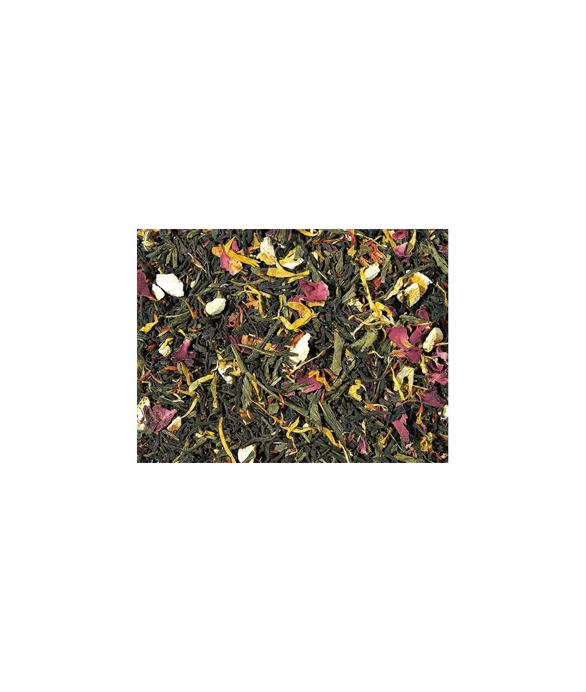 Té negro (55%), Té verde (30 %), cáscara de naranja, aroma, flor de rosas, cártamo, hojas de calendula