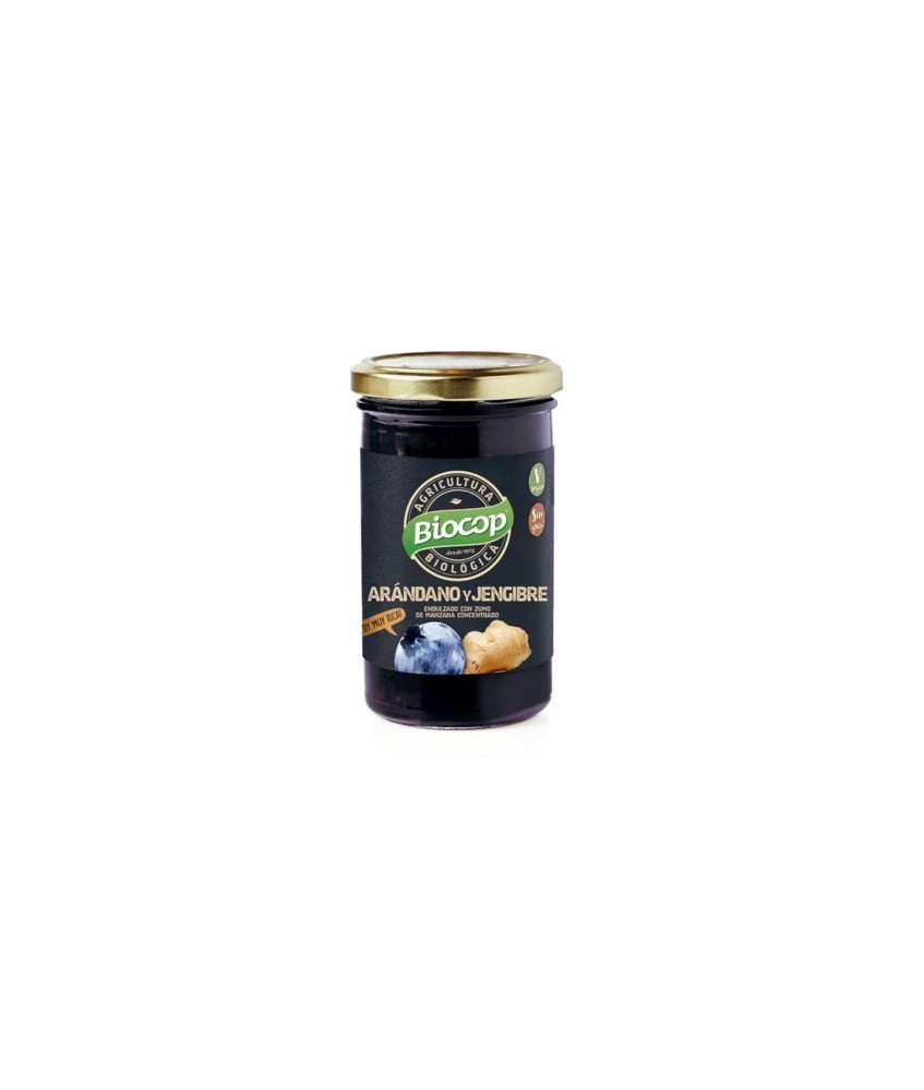 Compota de arándanos y jengibre Endulzada con zumo de manzana concentrada Elaborada con fruta madura Para la elaboración de 1kg