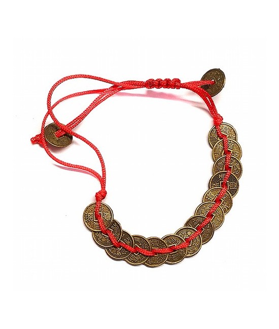 Pulsera 16 monedas de la suerte con hilo rojo.

