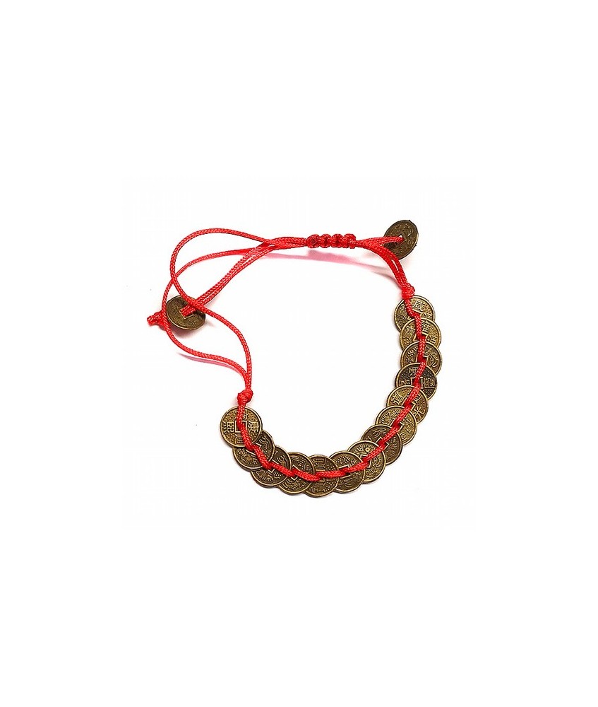 Pulsera 16 monedas de la suerte con hilo rojo.


