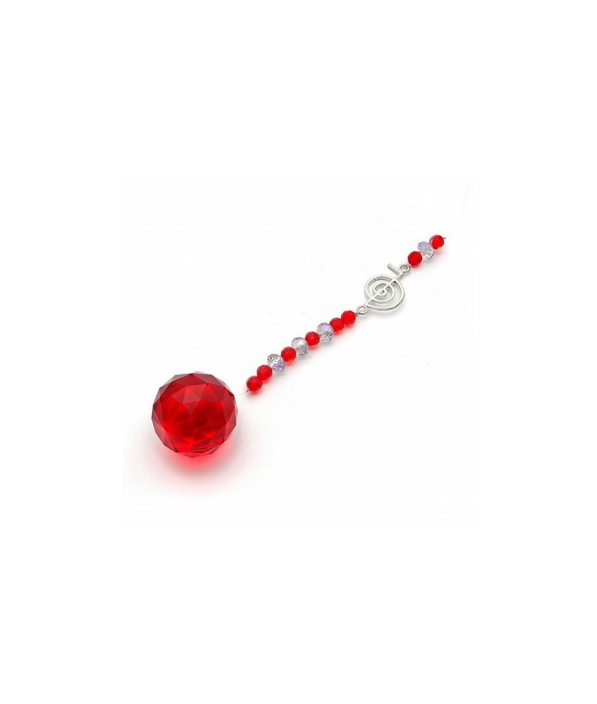 Bola de feng-shui, color rojo de 30 mm. de diámetro con abalorios de cristal y símbolo chukurei metálico.

