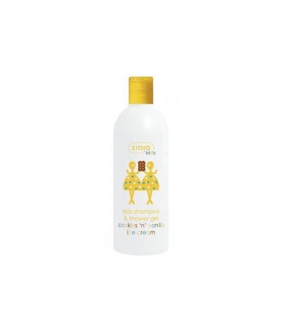Champú y gel de baño con aroma a helado de galleta y vainilla 

Para niños mayores de 3 años.

Fórmula de doble función con