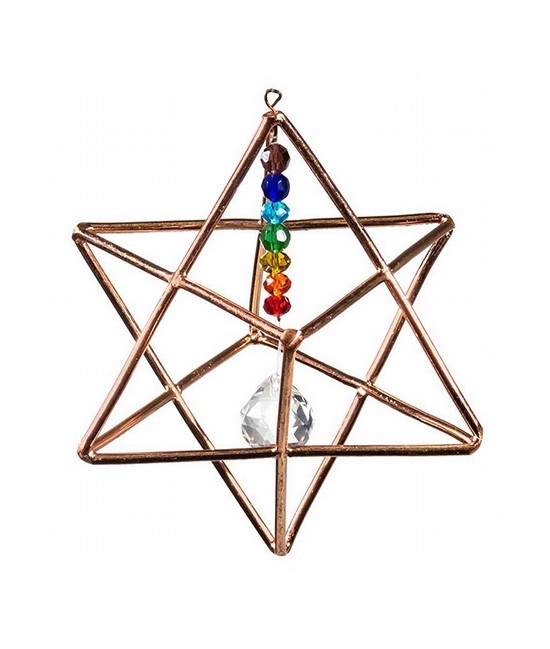 Merkaba con cristales de los 7 chakras.

Para suspender se vende con cable de suspensión.

La estrella Merkaba representa l