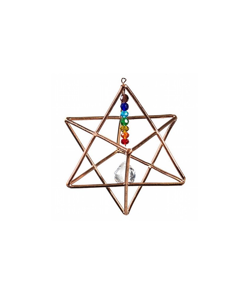 Merkaba con cristales de los 7 chakras.

Para suspender se vende con cable de suspensión.

La estrella Merkaba representa l