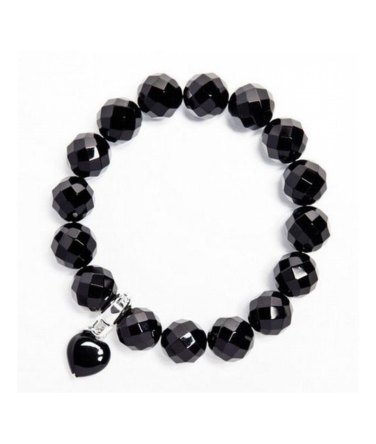 Pulsera hecha de cuentas facetadas de ágata negra (12 mm), terminada con un colgante de ágata negra en forma de corazón.

Her