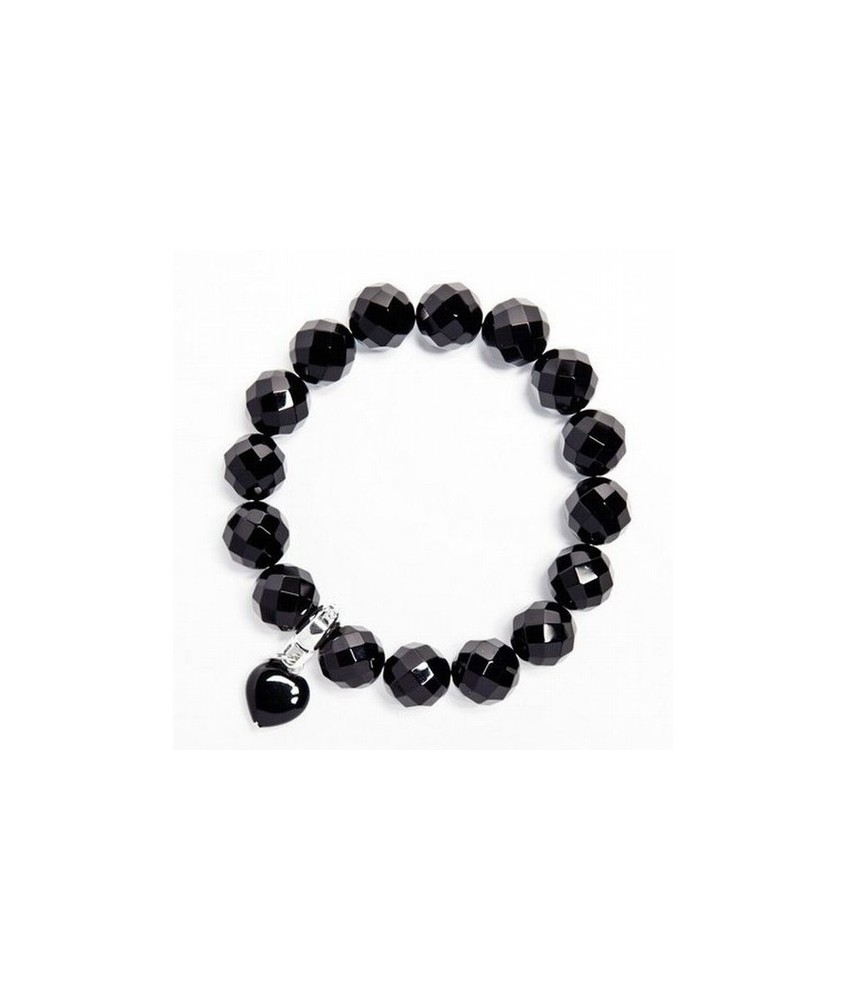Pulsera hecha de cuentas facetadas de ágata negra (12 mm), terminada con un colgante de ágata negra en forma de corazón.

Her