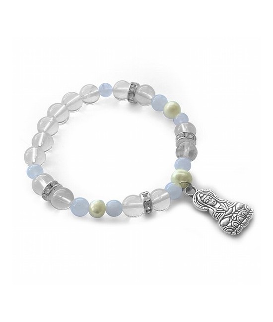 Pulsera de Cristal de Roca, Piedra Luna y Perlas en bolas de 6/8 mm.

Con amuleto colgante metálico Kuan Yin y detalles de ci