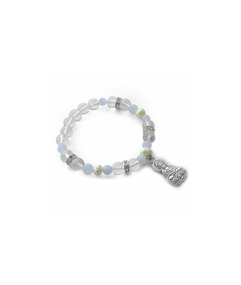 Pulsera de Cristal de Roca, Piedra Luna y Perlas en bolas de 6/8 mm.

Con amuleto colgante metálico Kuan Yin y detalles de ci