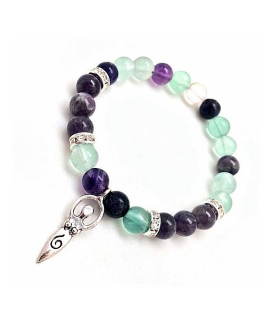 Pulsera de Amatista y Fluorita en bola de 8 mm. con amuleto colgante metálico diosa y detalles de circonitas.

Pulsera élasti