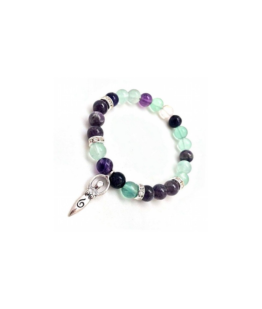 Pulsera de Amatista y Fluorita en bola de 8 mm. con amuleto colgante metálico diosa y detalles de circonitas.

Pulsera élasti