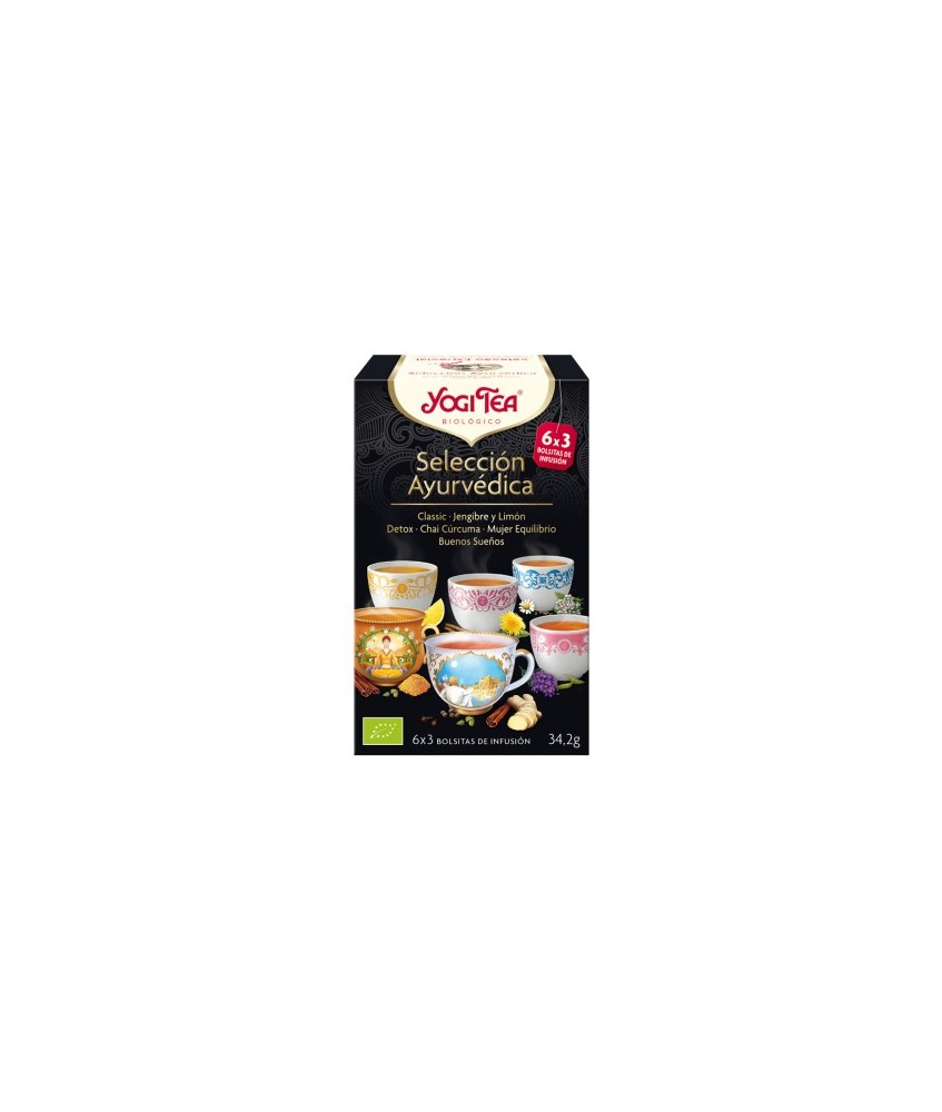 Nuestra Selección Ayurvédica contiene 3 bolsas de cada: Classic · Jengibre y Limón · Detox · Chai Cúrcuma · Mujer Equilibrio · 