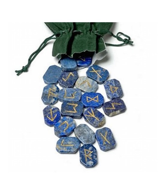 Runas Cuarzo Lapislazuli planas. 24 piezas.
Bolsa de terciopelo.
