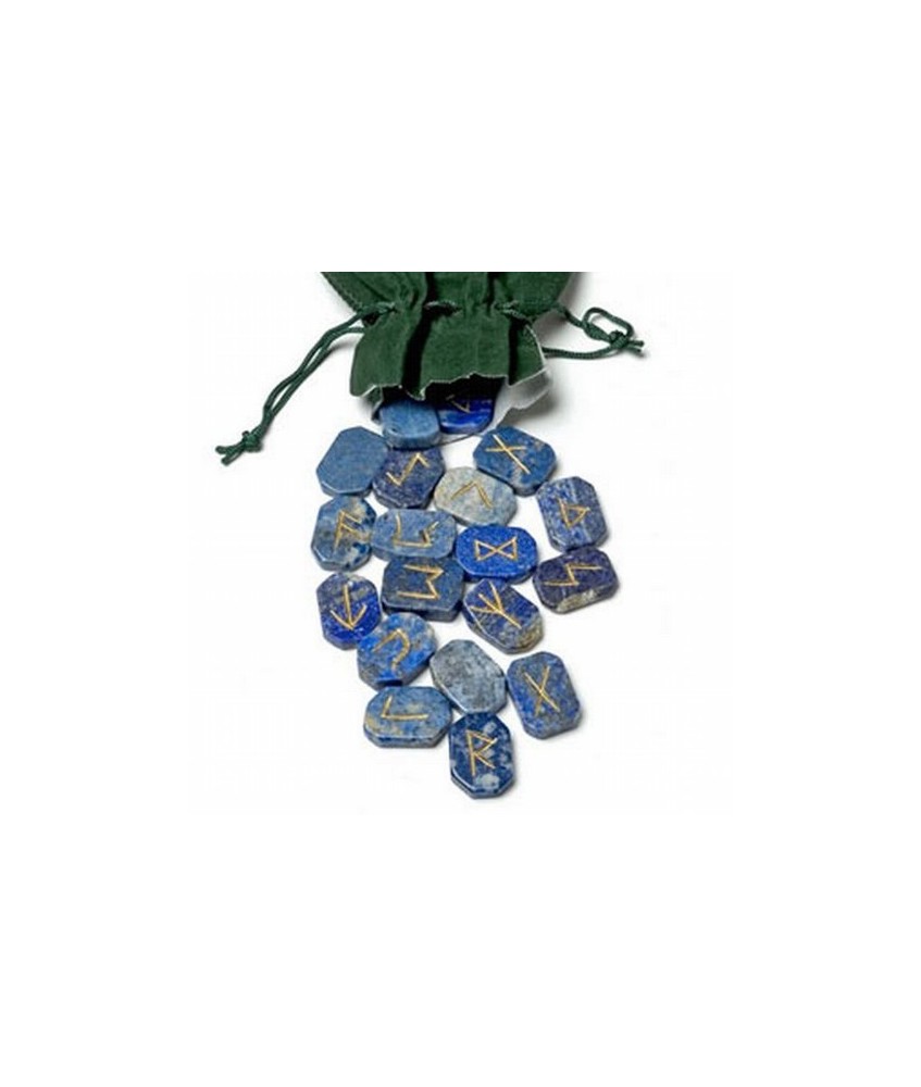 Runas Cuarzo Lapislazuli planas. 24 piezas.
Bolsa de terciopelo.