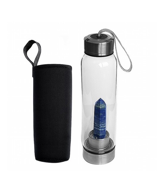 Botella de vidrio con una punta de Lapislázuli en su interior bien sujeta a la base.

Tapón de rosca de acero con un enganche