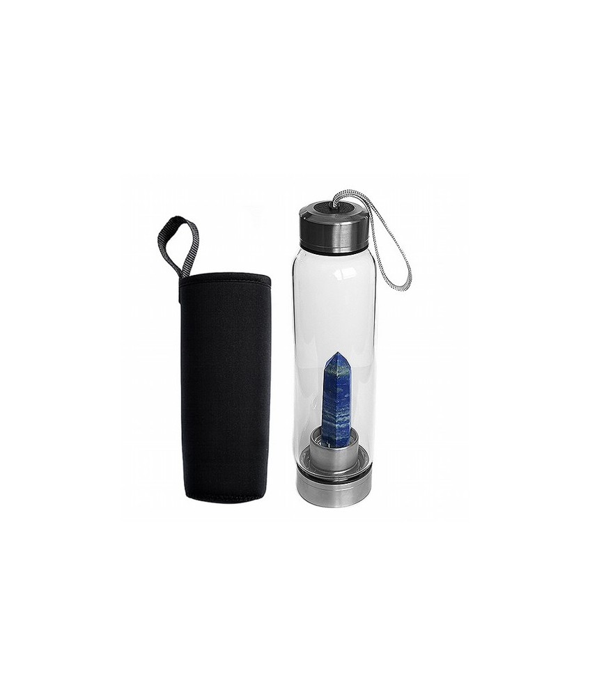 Botella de vidrio con una punta de Lapislázuli en su interior bien sujeta a la base.

Tapón de rosca de acero con un enganche
