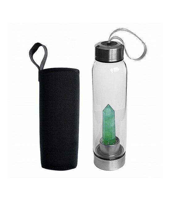 Botella de vidrio con una punta de Fluorita Verde en su interior bien sujeta a la base.

Tapón de rosca de acero con un engan