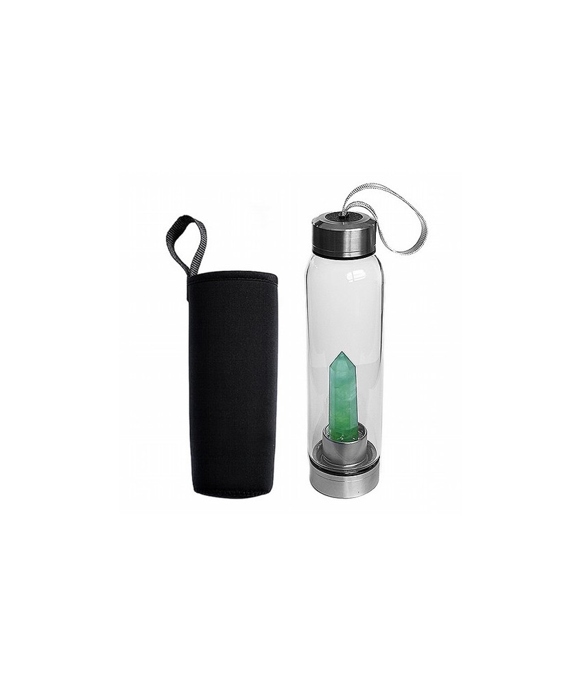 Botella de vidrio con una punta de Fluorita Verde en su interior bien sujeta a la base.

Tapón de rosca de acero con un engan